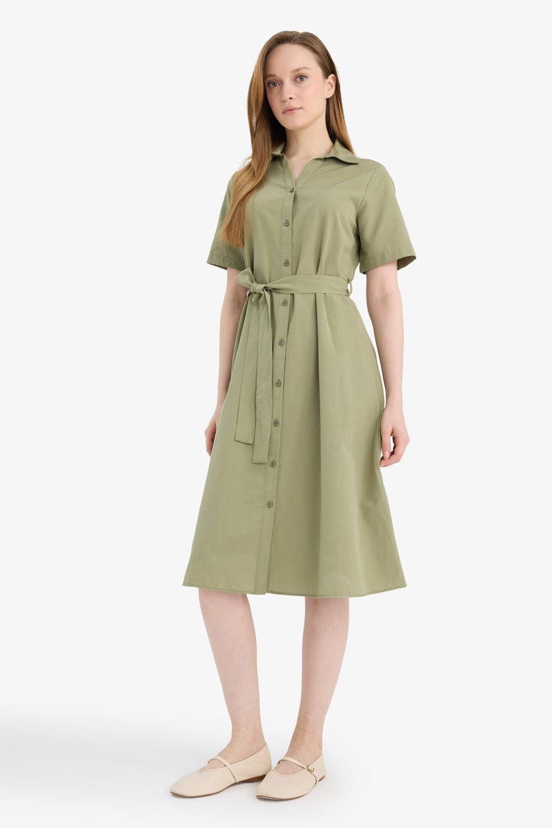DeFacto Green Woman A Cut Shirt Collar Poplin Batwing Dress Casual - Image 1